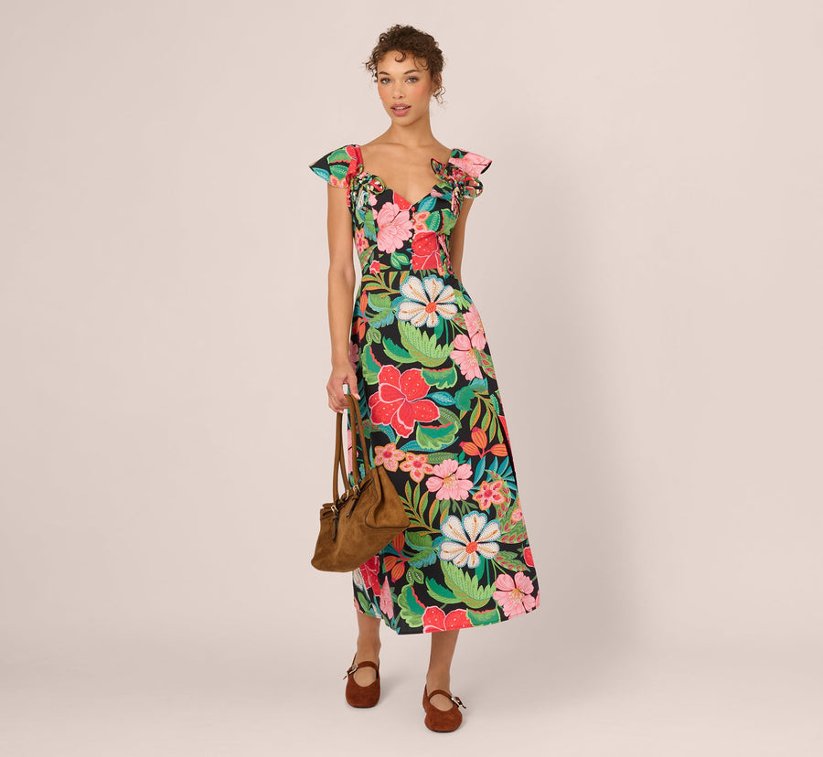 Wholesale 3D Tropical Floral Cotton A Line Midi Dress Adrianna Papell AD3D106291