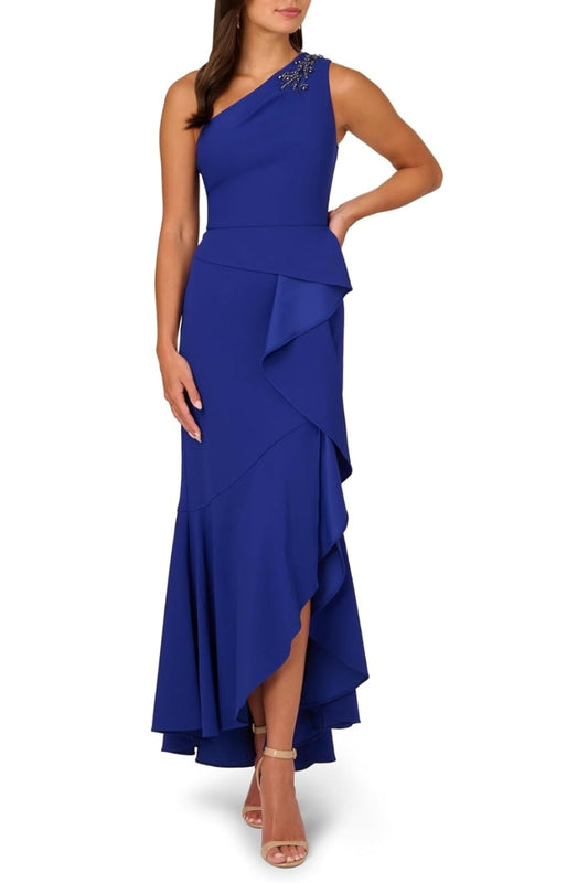 Adrianna Papell Beaded One-Shoulder Sleeveless Side Zipper Closure Ruffles Draped Details Dress - ROYAL SAPPHIRE - Front