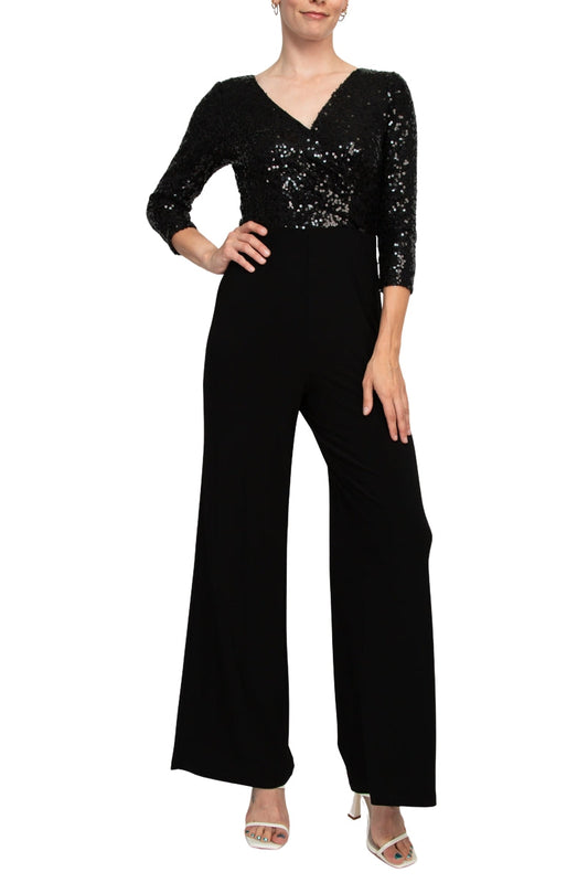 Black V-Neck Full-Length Sequin Evening Jumpsuit with Three-Quarter Sleeves Adrianna Papell AD5E210877
