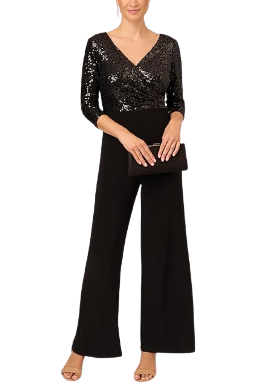 Adrianna Papell Sequin Faux Wrap V-Neck Jumpsuit - Wholesale  - Black - Front view