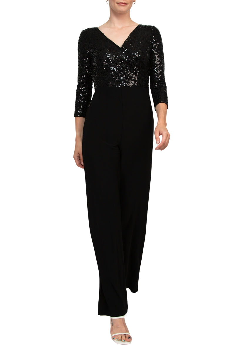 Adrianna Papell Sequin Faux Wrap V-Neck Jumpsuit - Wholesale  - Black - Front 