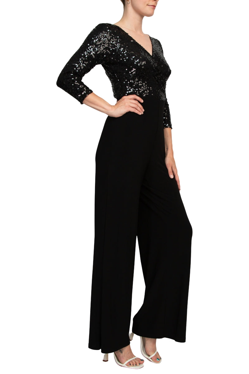 Black V-Neck Full-Length Sequin Evening Jumpsuit with Three-Quarter Sleeves Adrianna Papell AD5E210877
