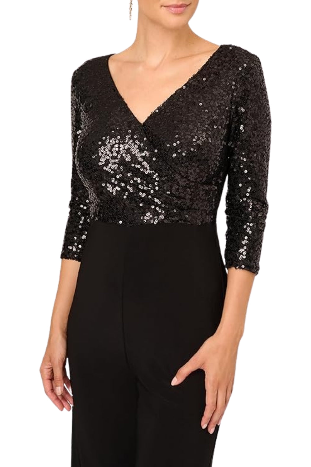 Adrianna Papell Sequin Faux Wrap V-Neck Jumpsuit - Wholesale  - Black - Fabric view