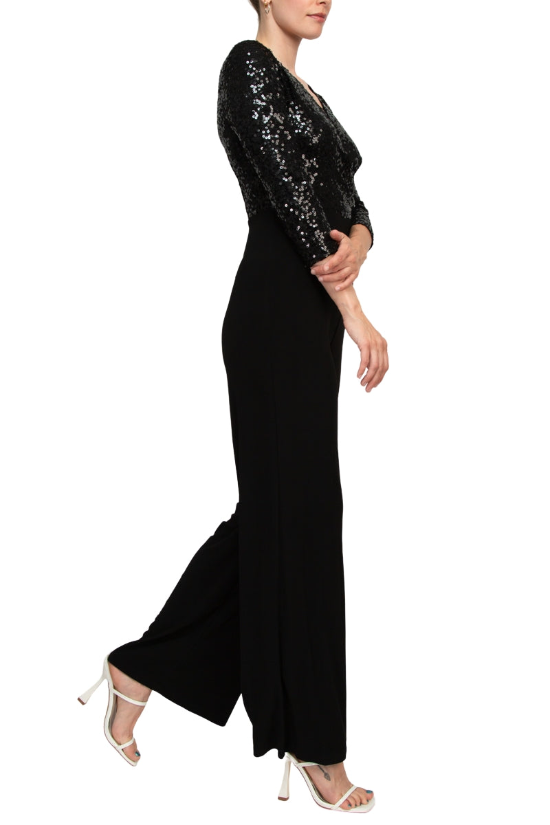 Black V-Neck Full-Length Sequin Evening Jumpsuit with Three-Quarter Sleeves Adrianna Papell AD5E210877