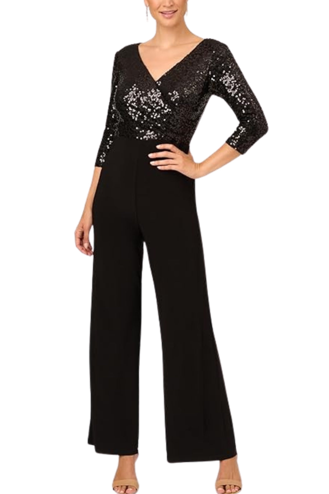 Adrianna Papell Sequin Faux Wrap V-Neck Jumpsuit - Wholesale  - Black - Front 