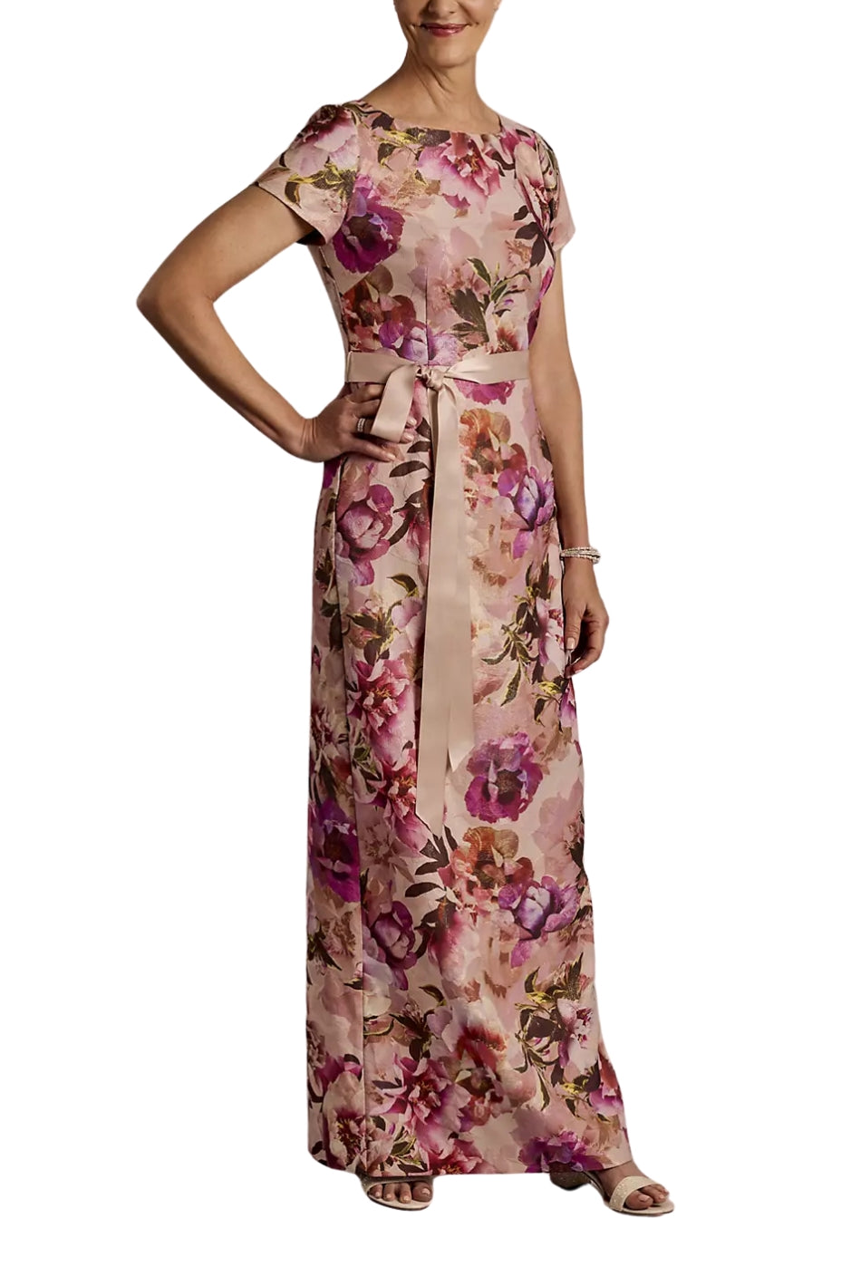 Adrianna Papell Floral Print Short-Sleeve Back Zipper Sheath Slim Column Dress - BLUSH MULTI - Front