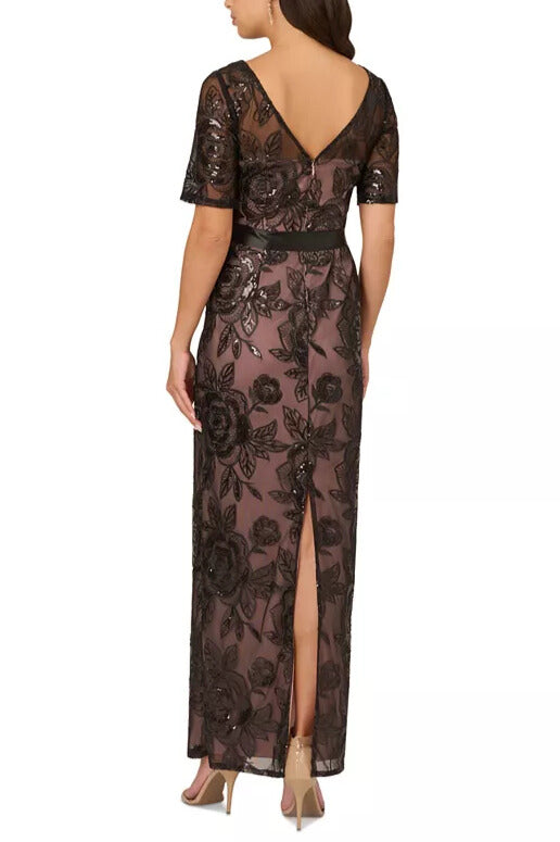 Adrianna Papell Boat Neck Short-Sleeve Sequined Lace Mermaid, Waist Tie Long Dress - BLACK/NUDE - Back 