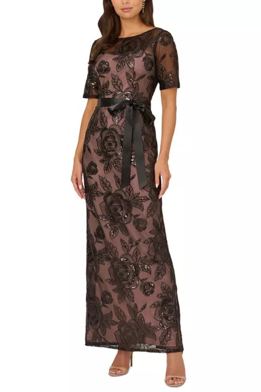 Adrianna Papell Boat Neck Short-Sleeve Sequined Lace Mermaid, Waist Tie Long Dress - BLACK/NUDE - Front