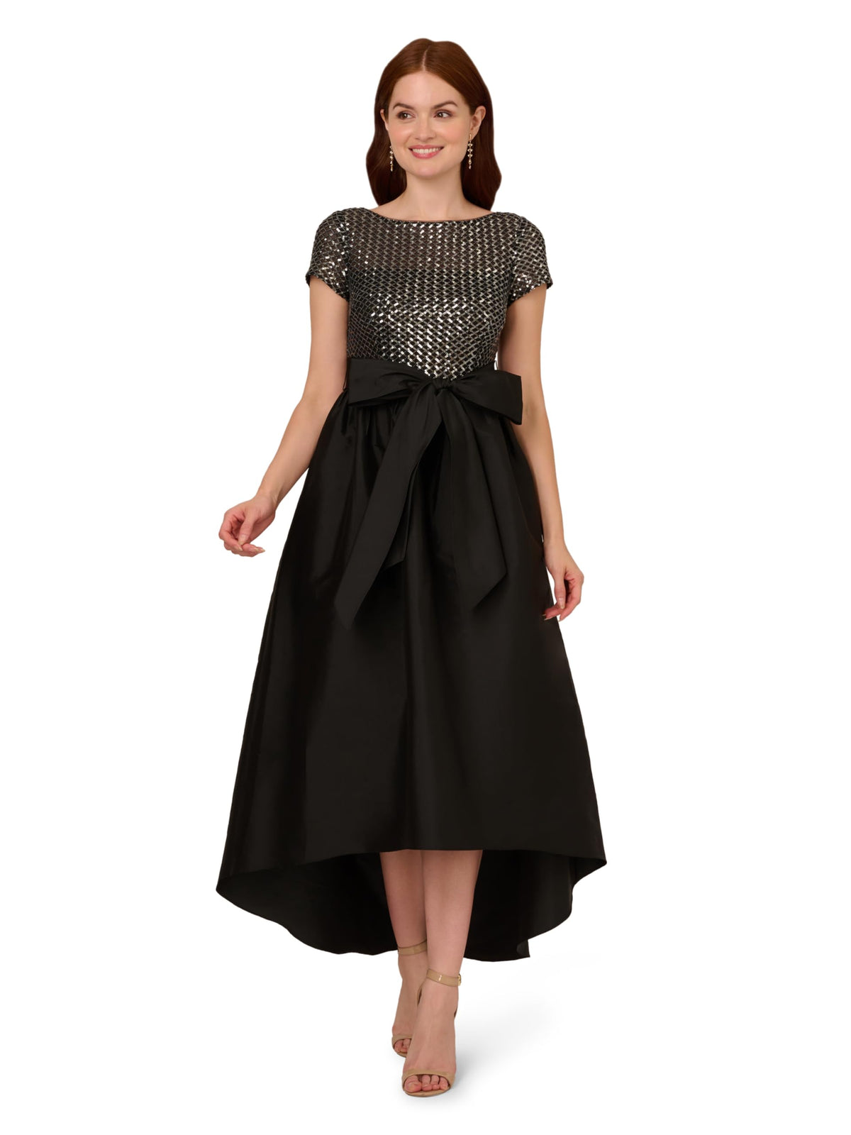 Adrianna Papell AD5E211534 BLACK GUNMETAL sequin high-low dress, front view