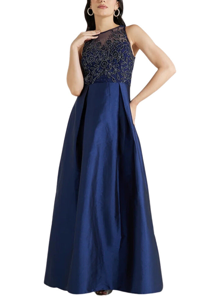 Adrianna Papell Round Neckline Sleeveless Beaded Bodice Waist Flares Shift Embellished Tiered Maxi Dress - LIGHT NAVY - front
