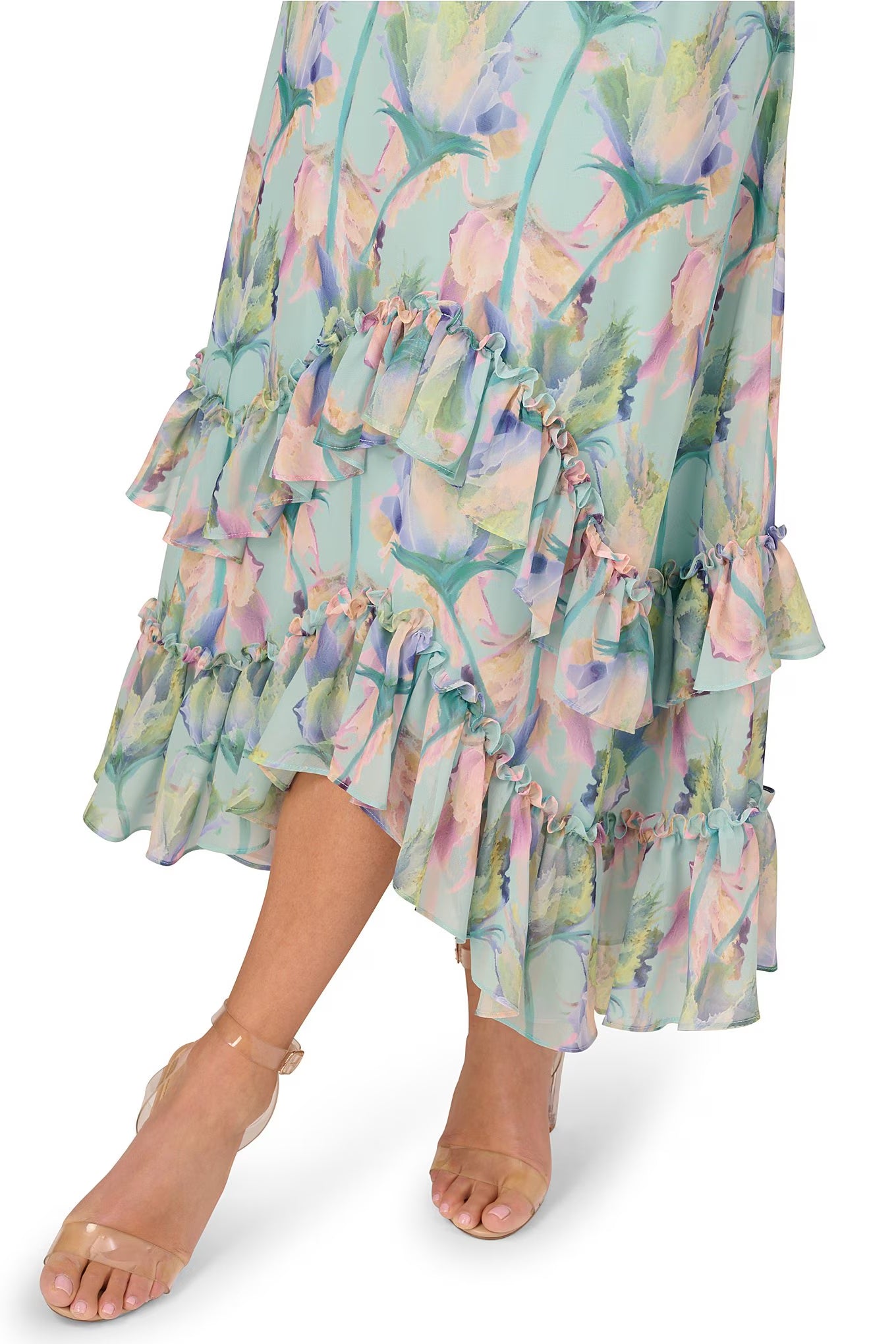 Adrianna Papell Floral Print Chiffon V-Neck Sleeveless Ruffle Trim Midi  Dress | Available at Immediate Apparel