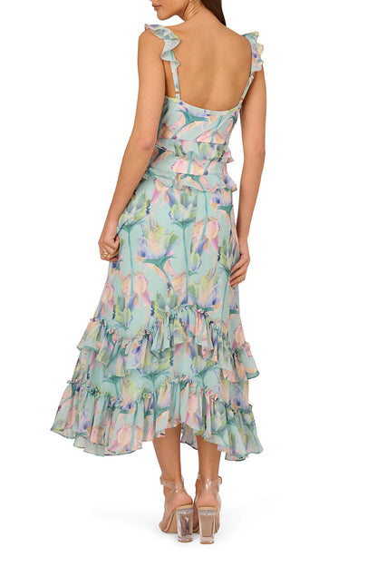 Adrianna Papell Floral Print Chiffon V-Neck Sleeveless Ruffle Trim Midi Dress - MINT MULTI - Back