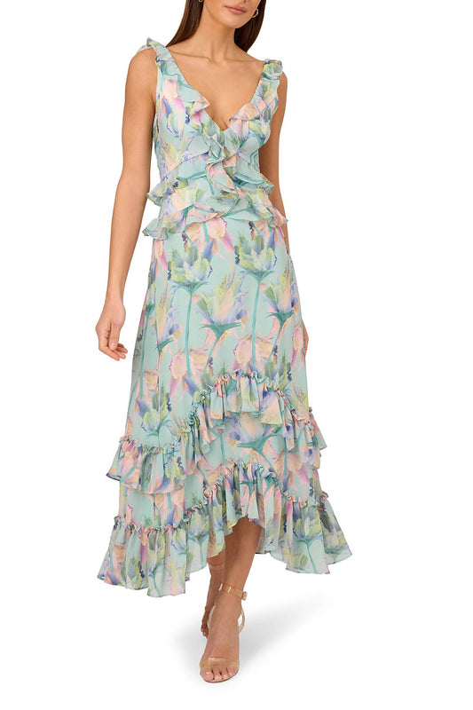 Adrianna Papell Floral Print Chiffon V-Neck Sleeveless Ruffle Trim Midi Dress - MINT MULTI - Front