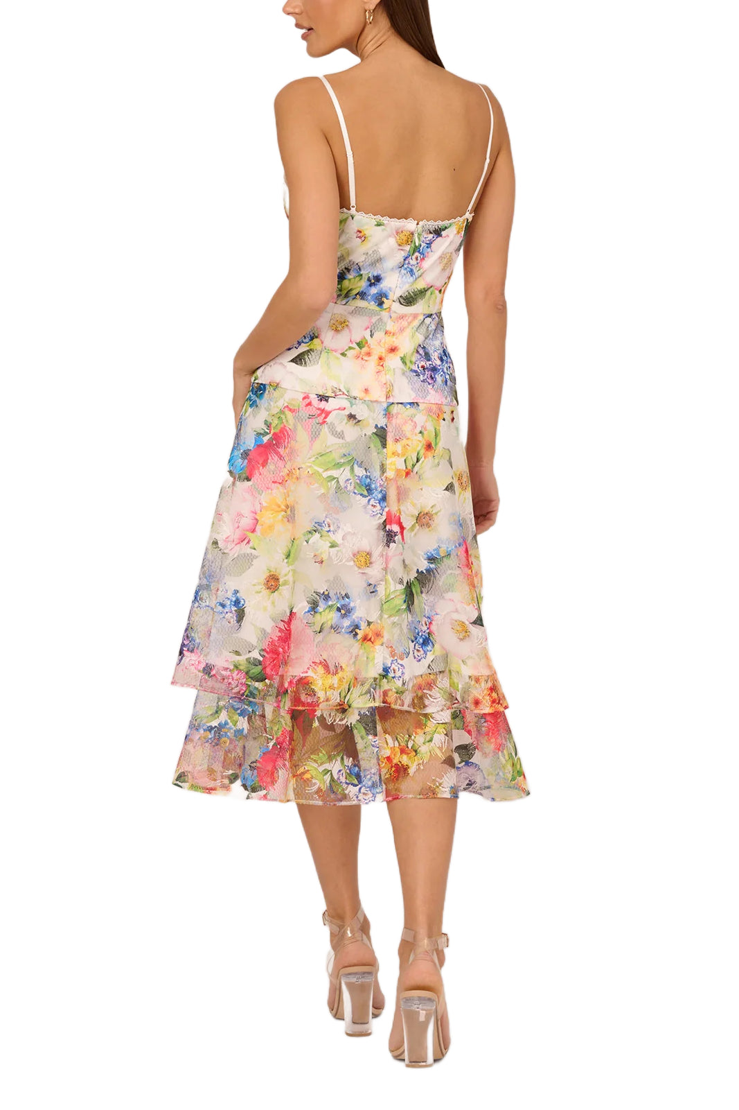 Adrianna Papell Printed Embroidered Fit & Flare Dress - IVORY MULTI - Back 