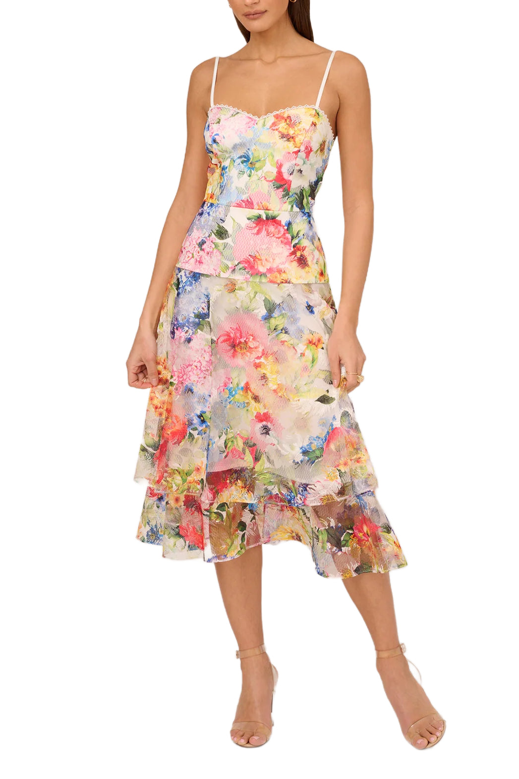 Adrianna Papell Printed Embroidered Fit & Flare Dress - IVORY MULTI - Front