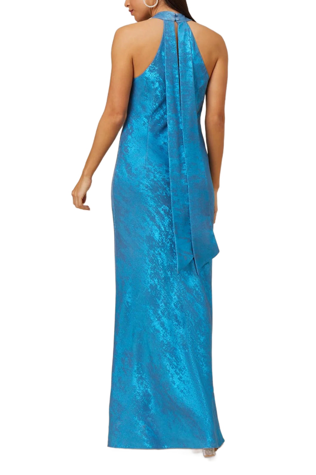 Adrianna Papell Metallic Chiffon Halter Gown - OCEAN DREAM - BACK 