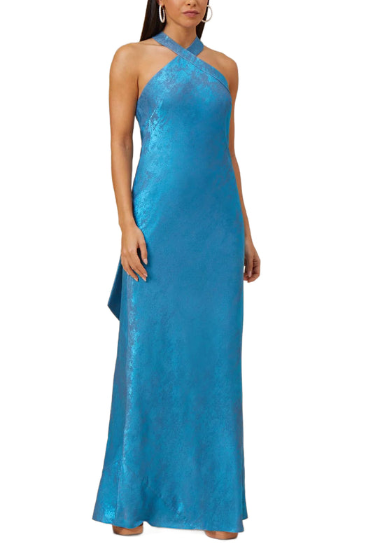 Adrianna Papell Metallic Chiffon Halter Gown - OCEAN DREAM - FRONT 