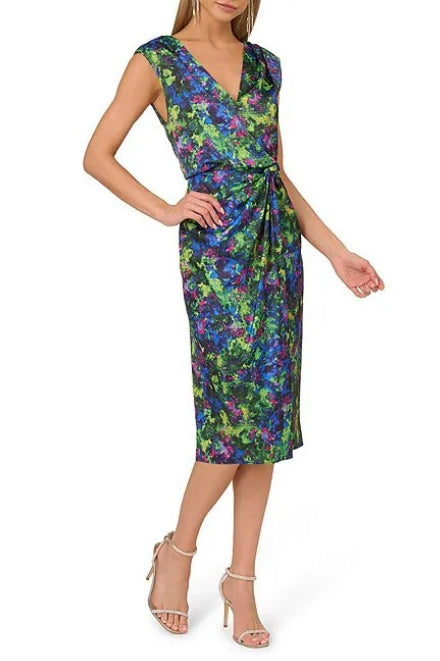 Adrianna Papell Floral Satin V-Neck Sleeveless Faux Wrap Silhouette Midi Dress - GREEN MULTI - Front