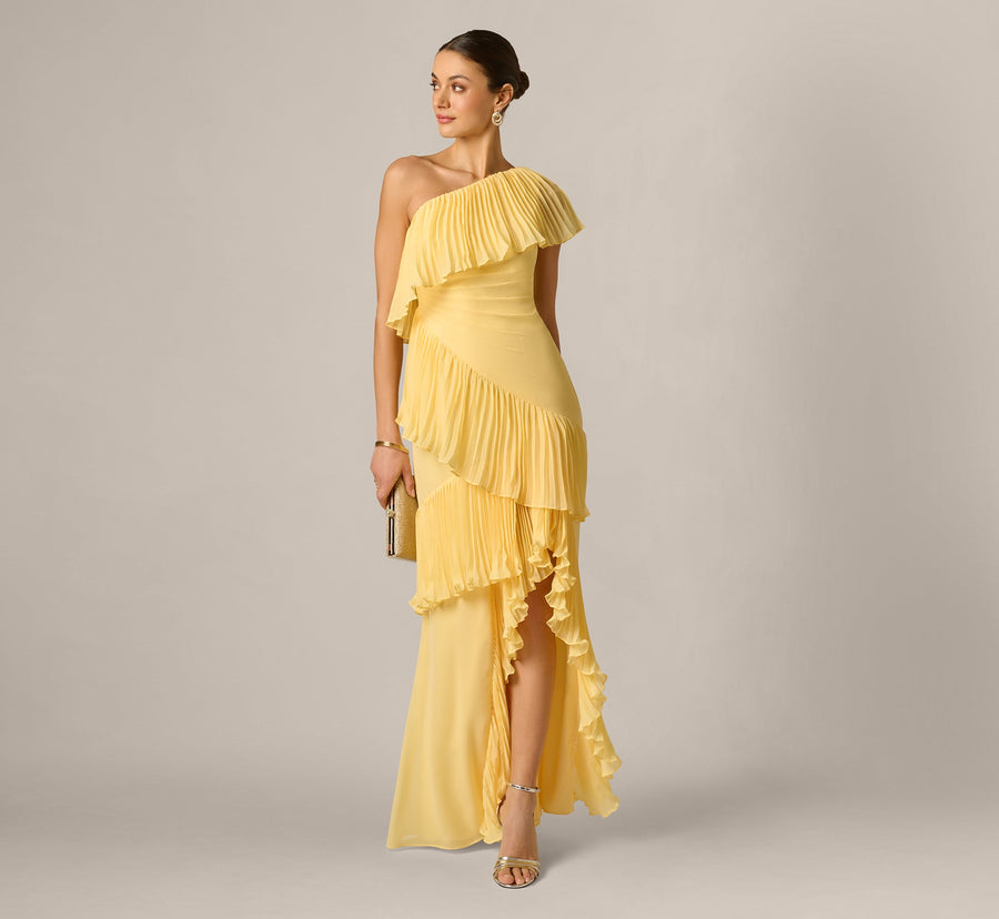 One Shoulder Pleated Flounce High Low Gown Adrianna Papell ADAE212845