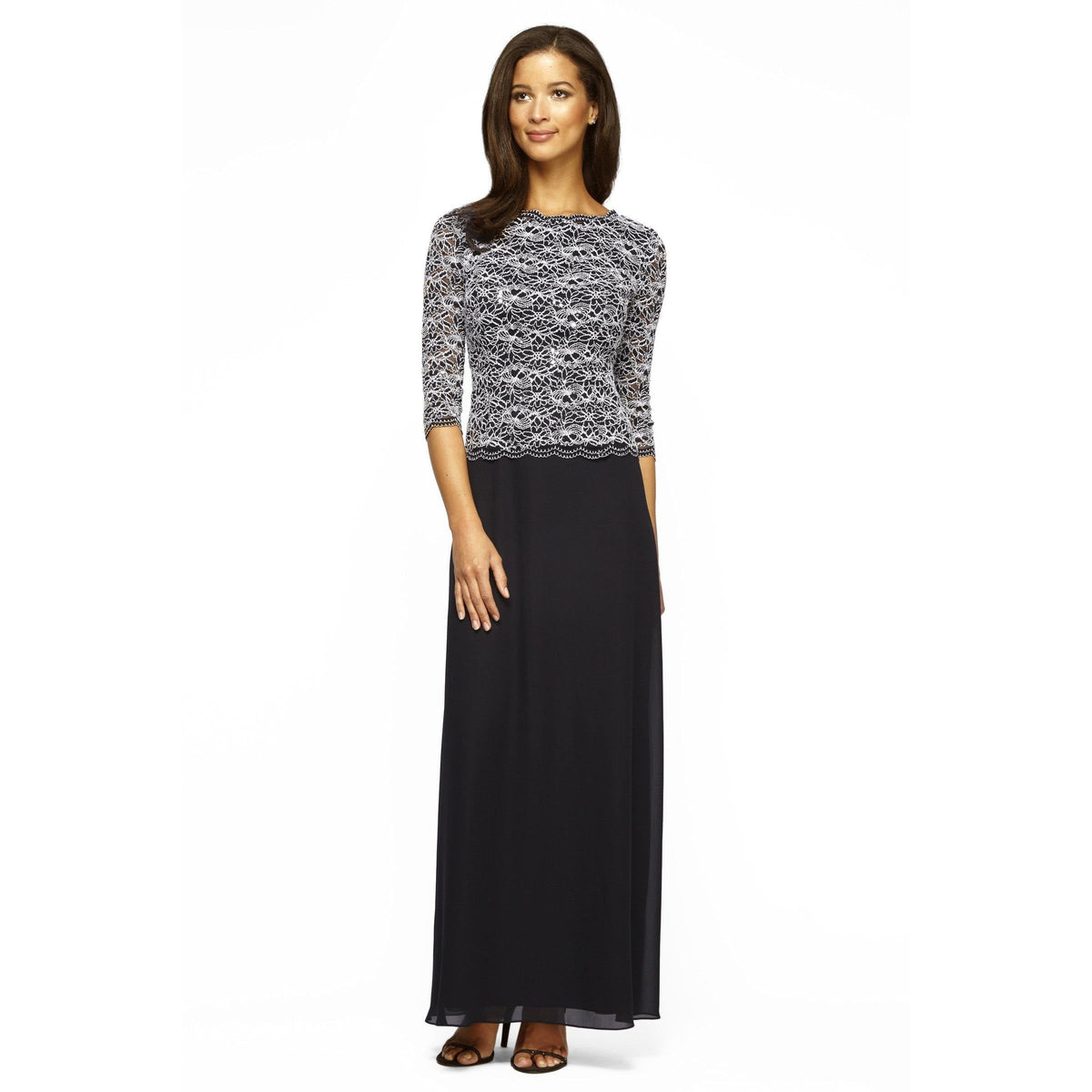 Alex Evenings Long Sequin Lace 3/4 Sleeve Chiffon Mother of the Bride Dress AE112784