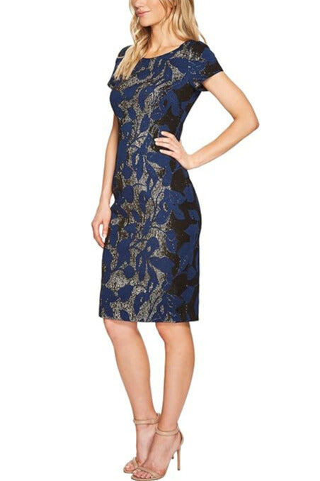 Adrianna Papell V-Back Neckline Short Sleeves Metallic Floral Jacquard Sheath Dress