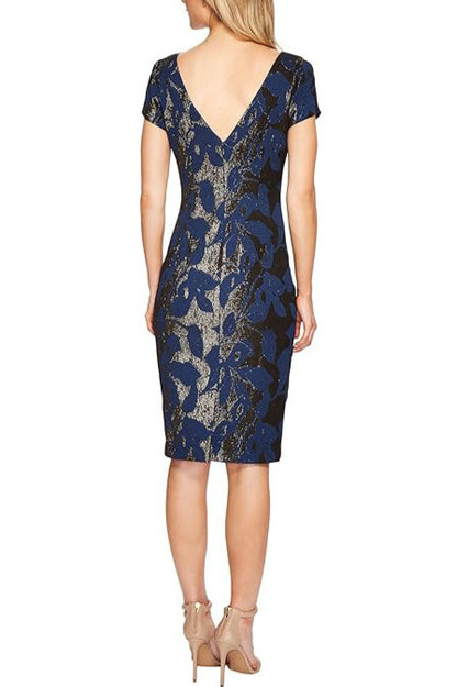 Adrianna Papell V-Back Neckline Short Sleeves Metallic Floral Jacquard Sheath Dress