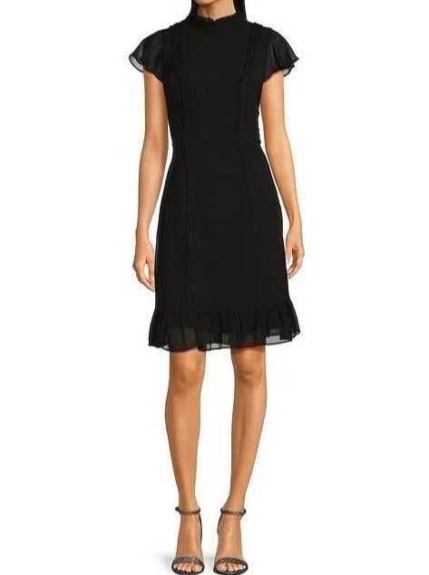 High Neck Mini Chiffon Cocktail A-Line Dress with Ruffle Hem and Flutter Sleeves Adrianna Papell AP1D102566