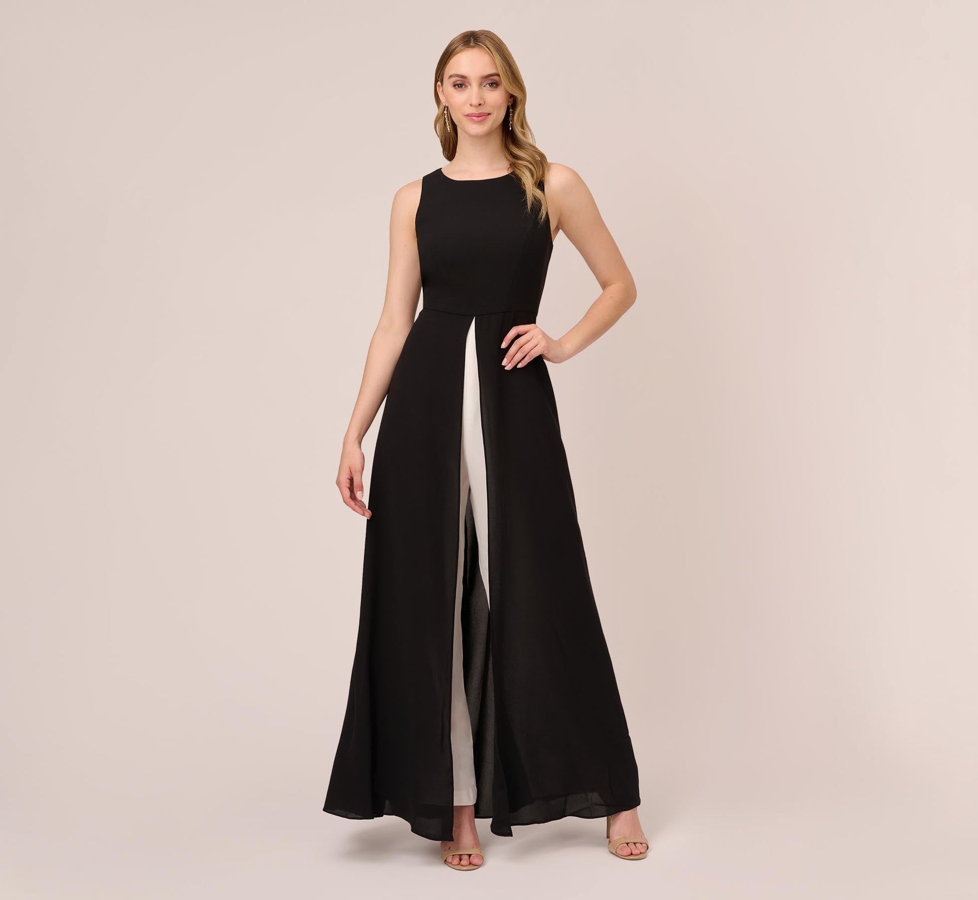 Black / White High Neck Floor-Length Crepe Formal Jumpsuit Wide-Leg Pants and Contrast Adrianna Papell AP1D102896