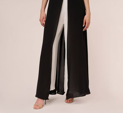 Black / White High Neck Floor-Length Crepe Formal Jumpsuit Wide-Leg Pants and Contrast Adrianna Papell AP1D102896