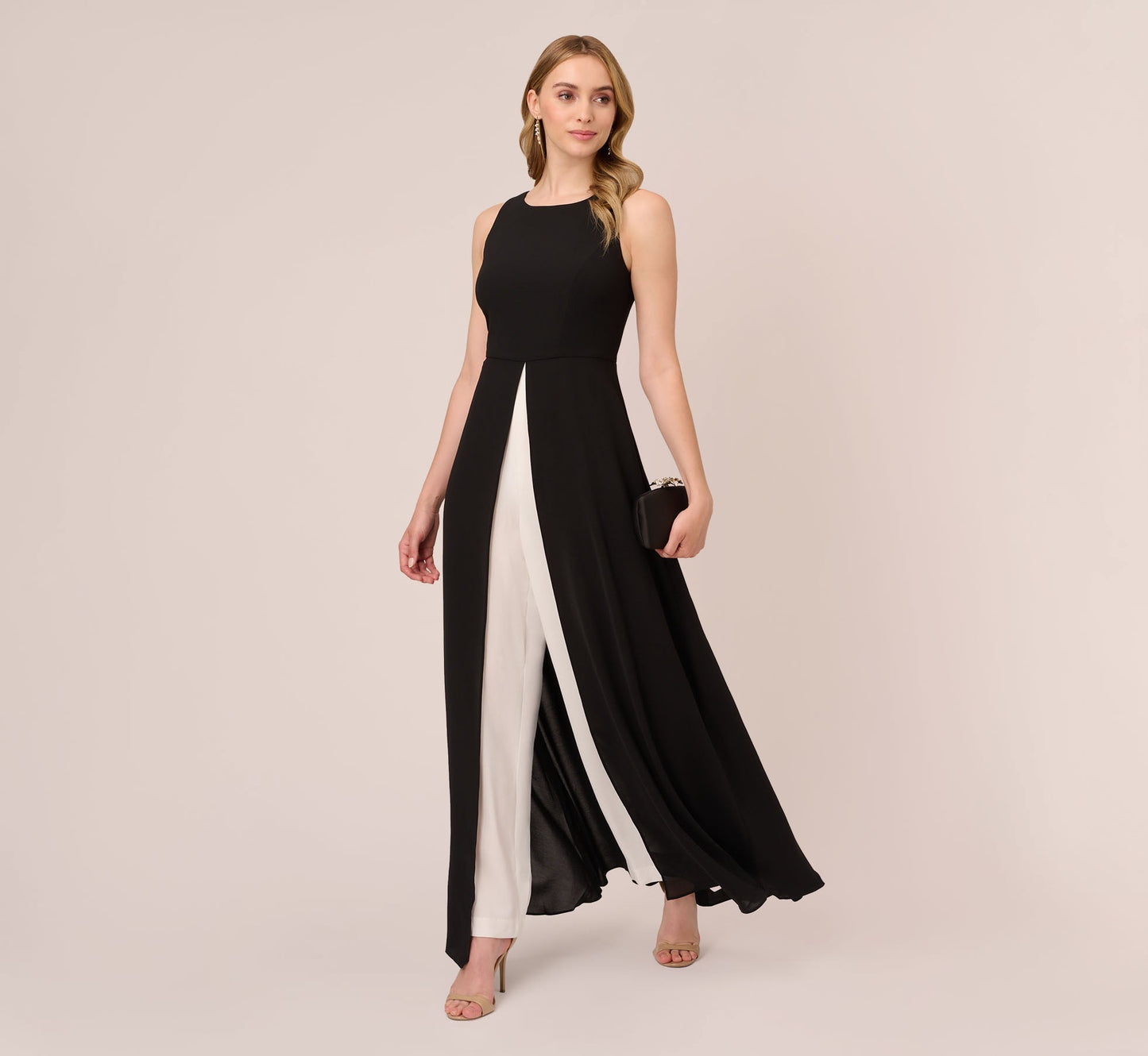 Black / White High Neck Floor-Length Crepe Formal Jumpsuit Wide-Leg Pants and Contrast Adrianna Papell AP1D102896