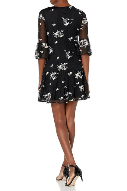 Adrianna Papell V-Neck Circular Flounce Sleeve Illusion Ruched Flutter Floral Embroidered Mesh Dress