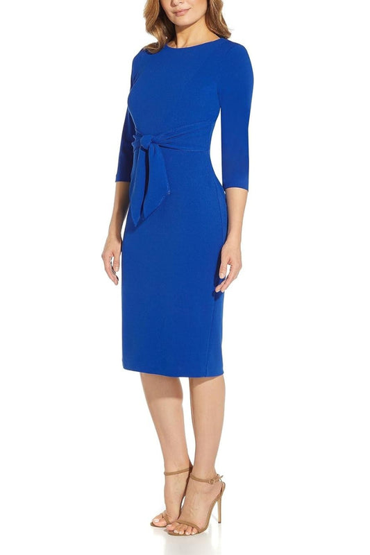 Adrianna Papell Crew Neck 3/4 Sleeve Tie Waist Bodycon Zipper Back Solid Knit Crepe Dress