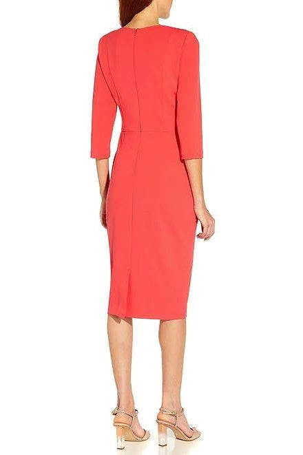 Adrianna Papell Crew Neck 3/4 Sleeve Tie Waist Bodycon Zipper Back Solid Knit Crepe Dress - BLUE COAST - Front - VIBRANT CORAL - Back