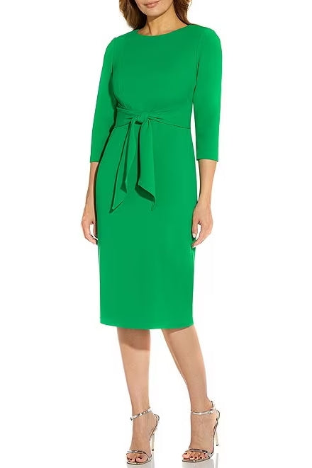 Adrianna Papell Crew Neck 3/4 Sleeve Tie Waist Bodycon Zipper Back Solid Knit Crepe Dress - BLUE COAST - Front  - VIVID GREEN - Front 