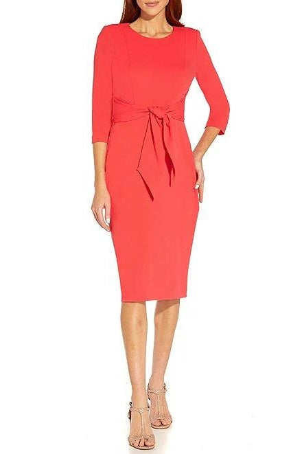 Adrianna Papell Crew Neck 3/4 Sleeve Tie Waist Bodycon Zipper Back Solid Knit Crepe Dress - BLUE COAST - Front  - VIBRANT CORAL - Front 