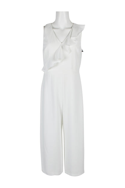 Adrianna Papell Flutter V-Neck Sleeveless Zipper Back Solid Jumpsuit - IVORY - FRONT