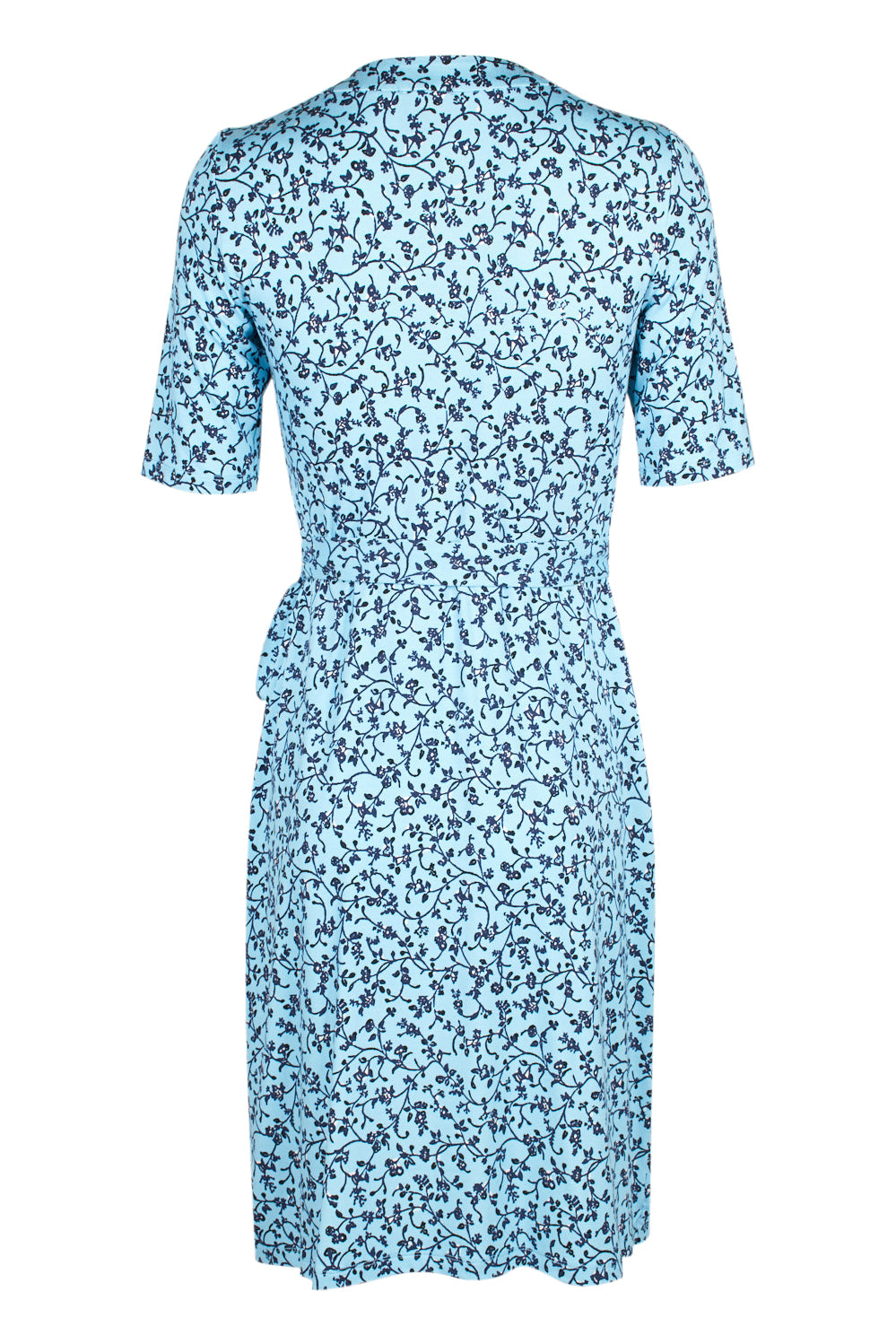 Adrianna Papell Surplice Neck Short Sleeve Floral Print Tie Side Rayon Jersey Faux Wrap Dress - Wholesale - LIGHT BLUE NAVY - Back 