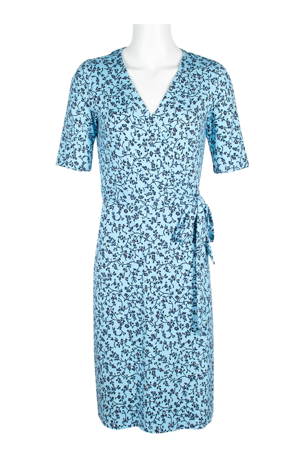 Adrianna Papell Surplice Neck Short Sleeve Floral Print Tie Side Rayon Jersey Faux Wrap Dress - Wholesale - LIGHT BLUE NAVY - Front 