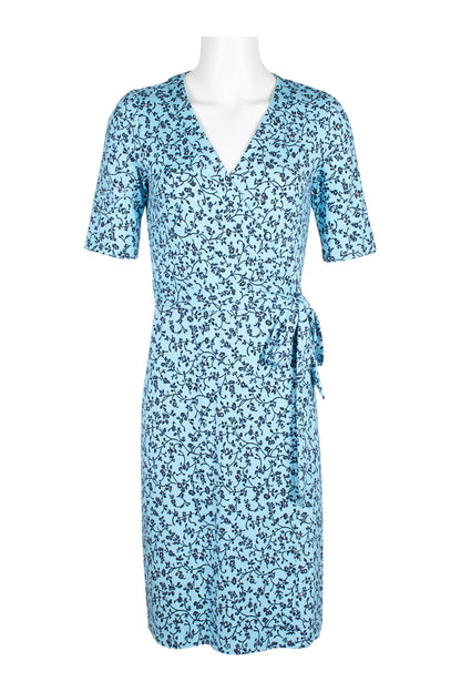 Adrianna Papell Surplice Neck Short Sleeve Floral Print Tie Side Rayon Jersey Faux Wrap Dress - Wholesale - LIGHT BLUE NAVY - Front 