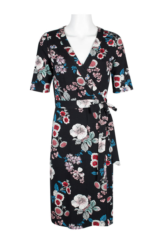 Adrianna Papell Surplice Nk Short Sleeve Floral Print Tie Side Rayon Jersey Faux Wrap Dress - Wholesale - BLACK MULTI - Front 