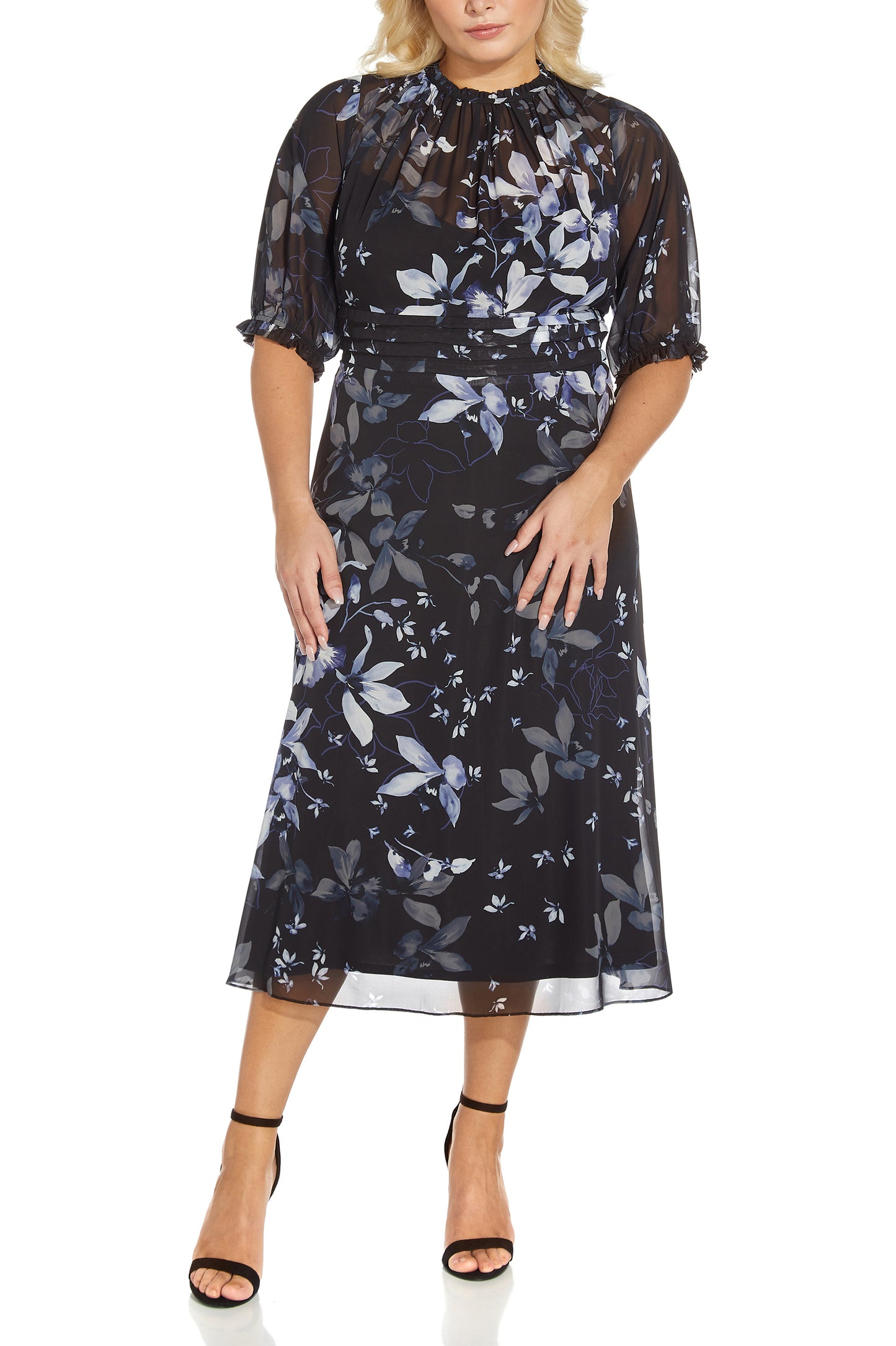 Adrianna Papell Ruffled High Neck Elbow Sleeve Ruffled Cuff Tiered Waist Tie Back Floral Print Chiffon Midi Dress (Plus Size) - BLACK BLUE MULTI - Front