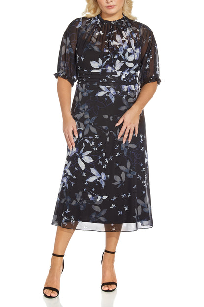 Adrianna Papell Ruffled High Neck Elbow Sleeve Ruffled Cuff Tiered Waist Tie Back Floral Print Chiffon Midi Dress (Plus Size) - BLACK BLUE MULTI - Front