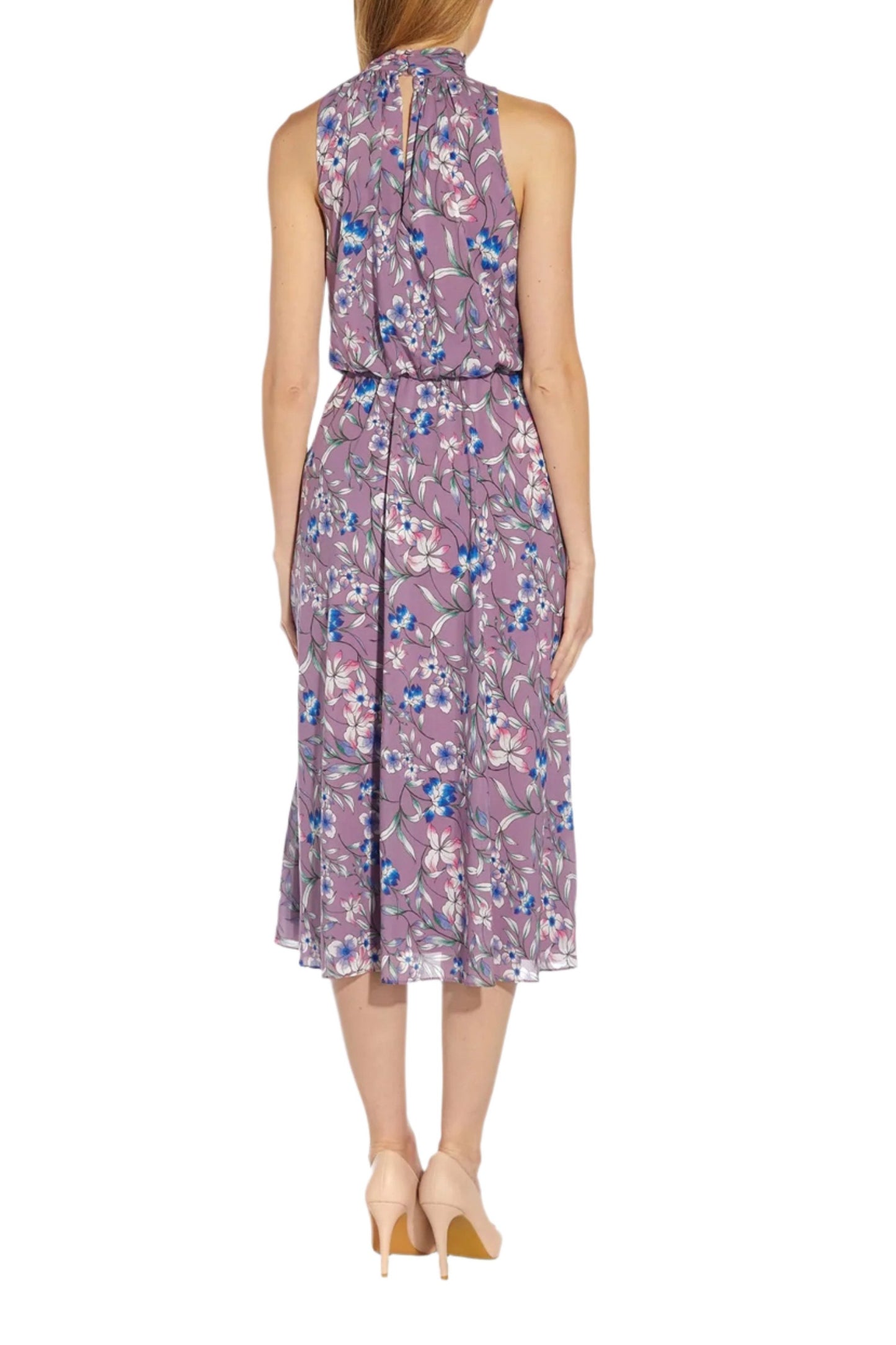 Adrianna Papell Tie Halter Neck Sleeveless Blouson Floral Print Fit & Flare Chiffon Dress - PURPLE MULTI - Back View