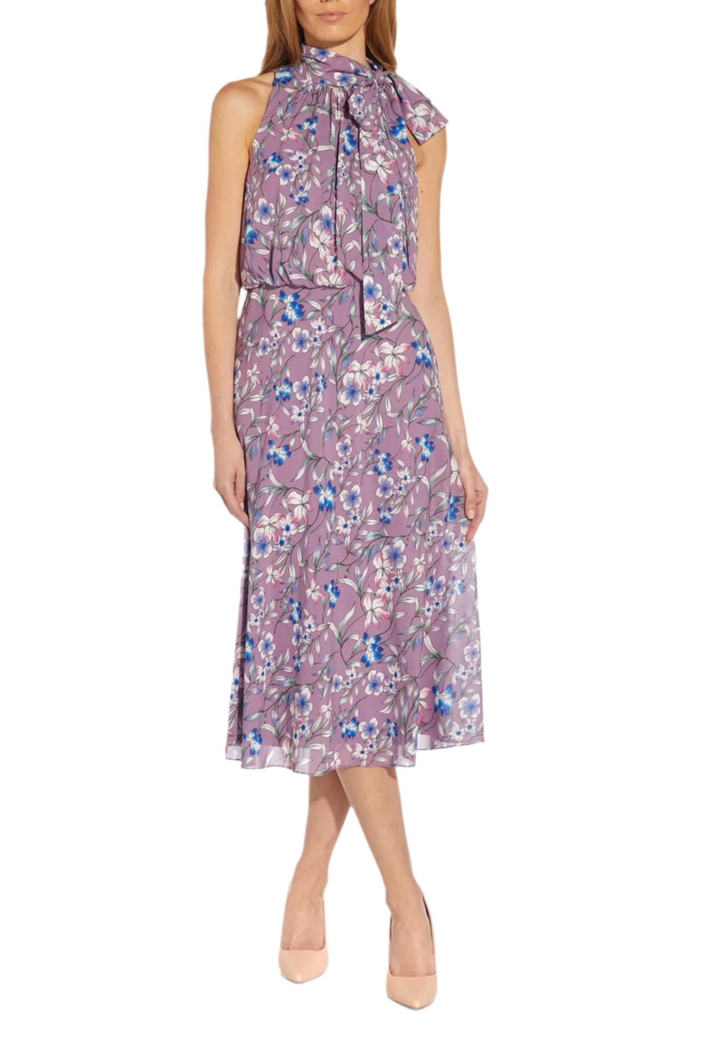 Adrianna Papell Tie Halter Neck Sleeveless Blouson Floral Print Fit & Flare Chiffon Dress - PURPLE MULTI - Front View