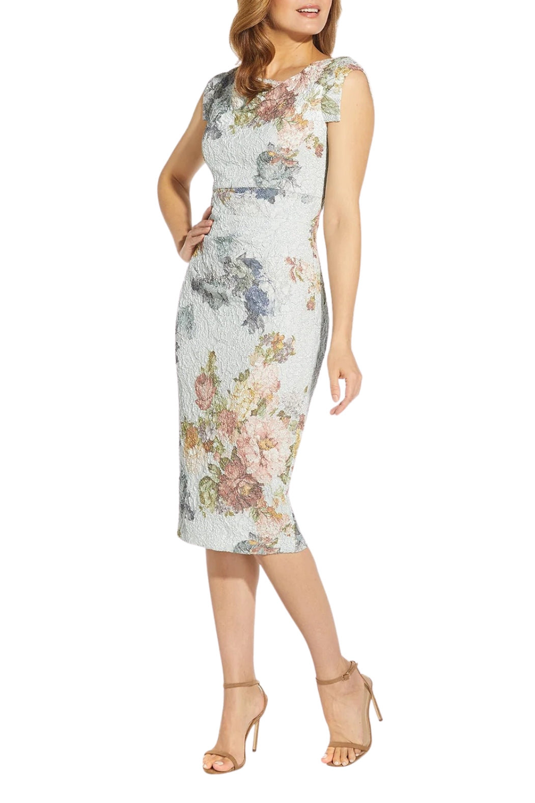 Adrianna Papell Metallic Floral Matelasse Midi-Length Sheath Cocktail Dress - Wholesale - MARBLE MULTI - Front 