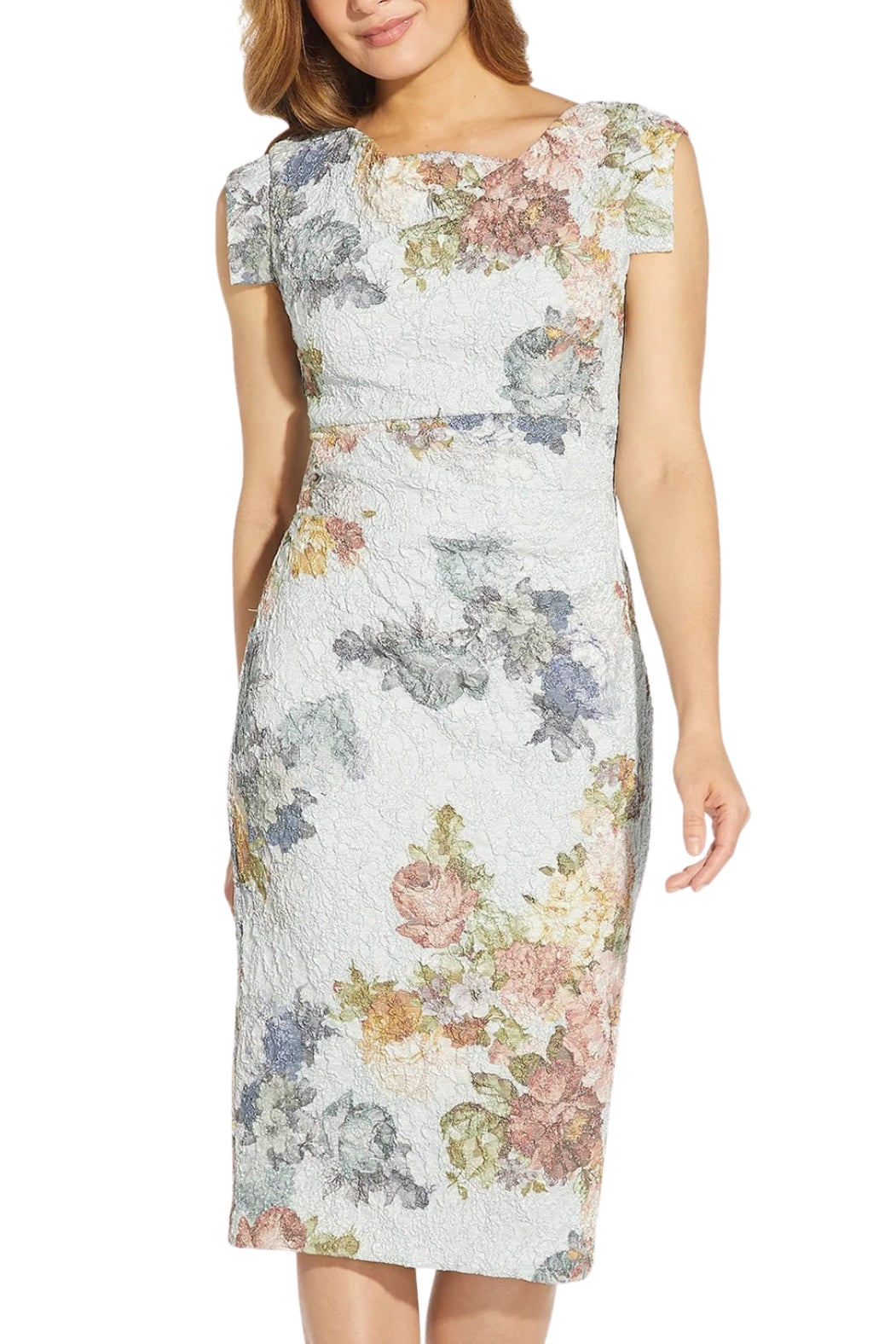 Adrianna Papell Metallic Floral Matelasse Midi-Length Sheath Cocktail Dress - Wholesale - MARBLE MULTI - Front view