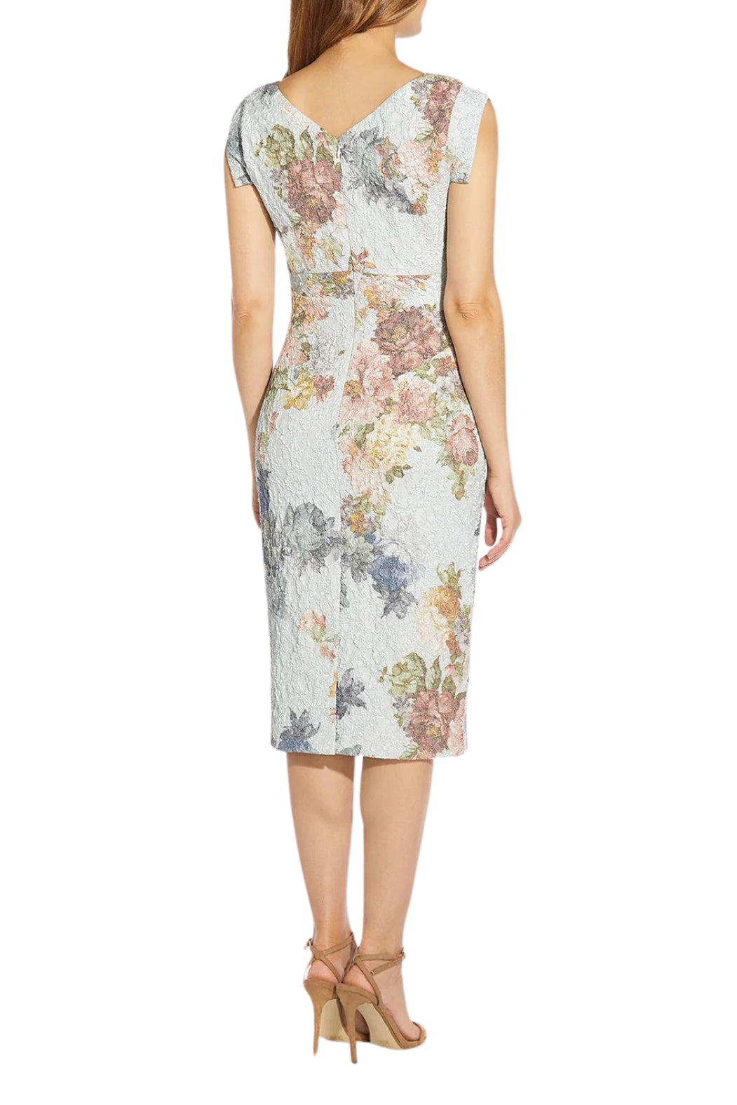 Adrianna Papell Metallic Floral Matelasse Midi-Length Sheath Cocktail Dress - Wholesale - MARBLE MULTI - Back 