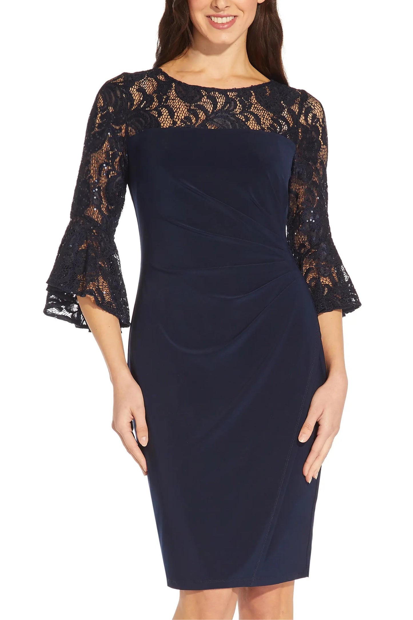 Adriana Papell Bateau Neck Sequin Lace & Jersey Sheath with Bell Sleeves Short Dress - MIDNIGHT - Front View