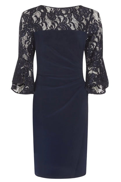 Adriana Papell Bateau Neck Sequin Lace & Jersey Sheath with Bell Sleeves Short Dress - MIDNIGHT - Front