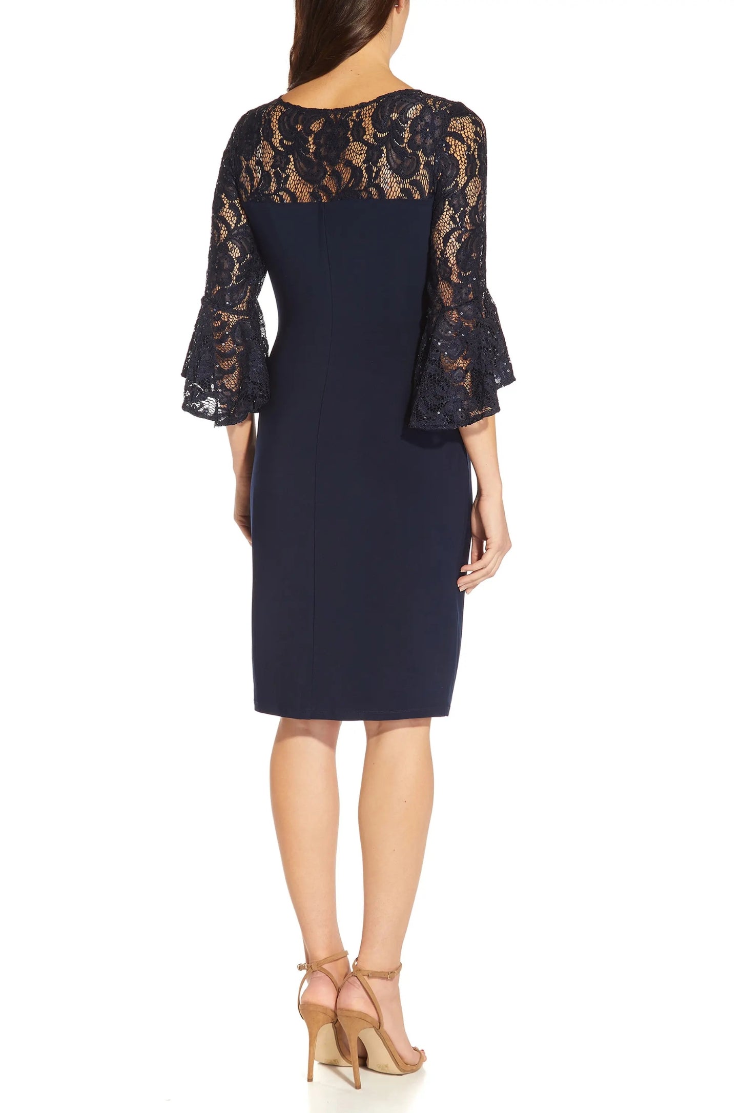 Adriana Papell Bateau Neck Sequin Lace & Jersey Sheath with Bell Sleeves Short Dress - MIDNIGHT -Back